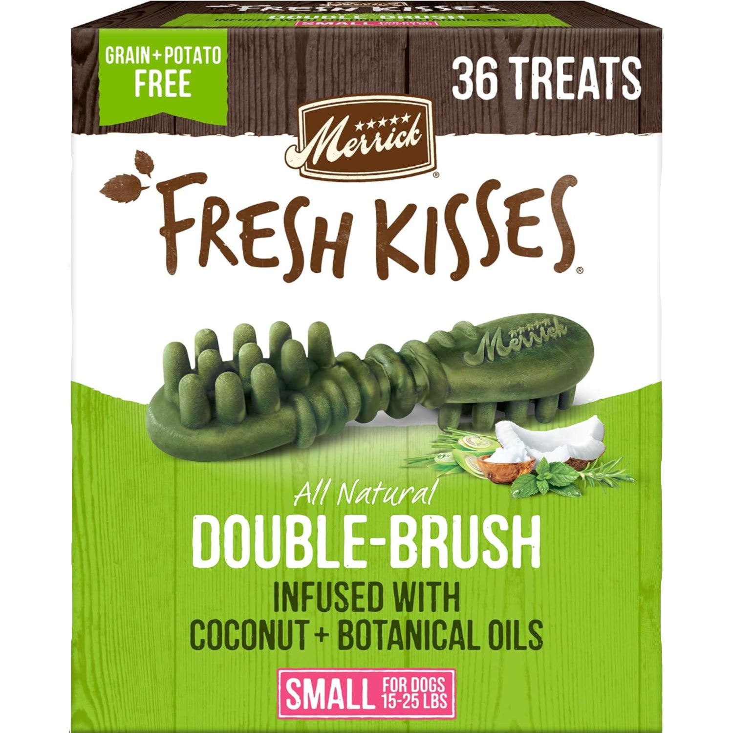 Merrick Fresh Kisses natural dental chews for small dogs, infused with coconut and botanical oils, in a 36-count box.
