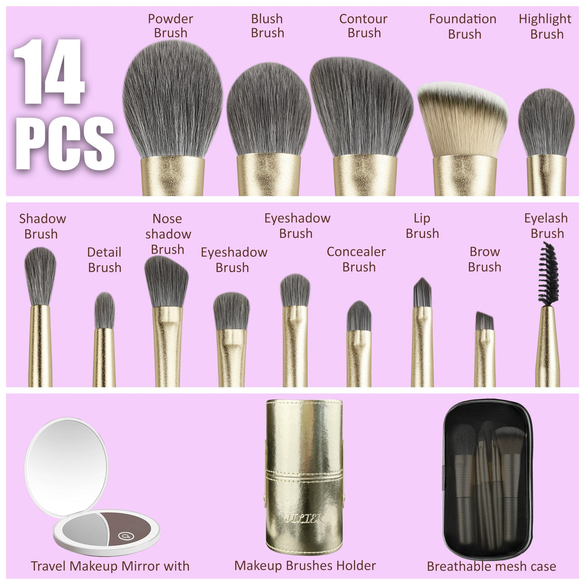 Jilier 14 pcs Mini Makeup Brushes and Pocket Mirror Travel - JILIER Official Imagery - 3