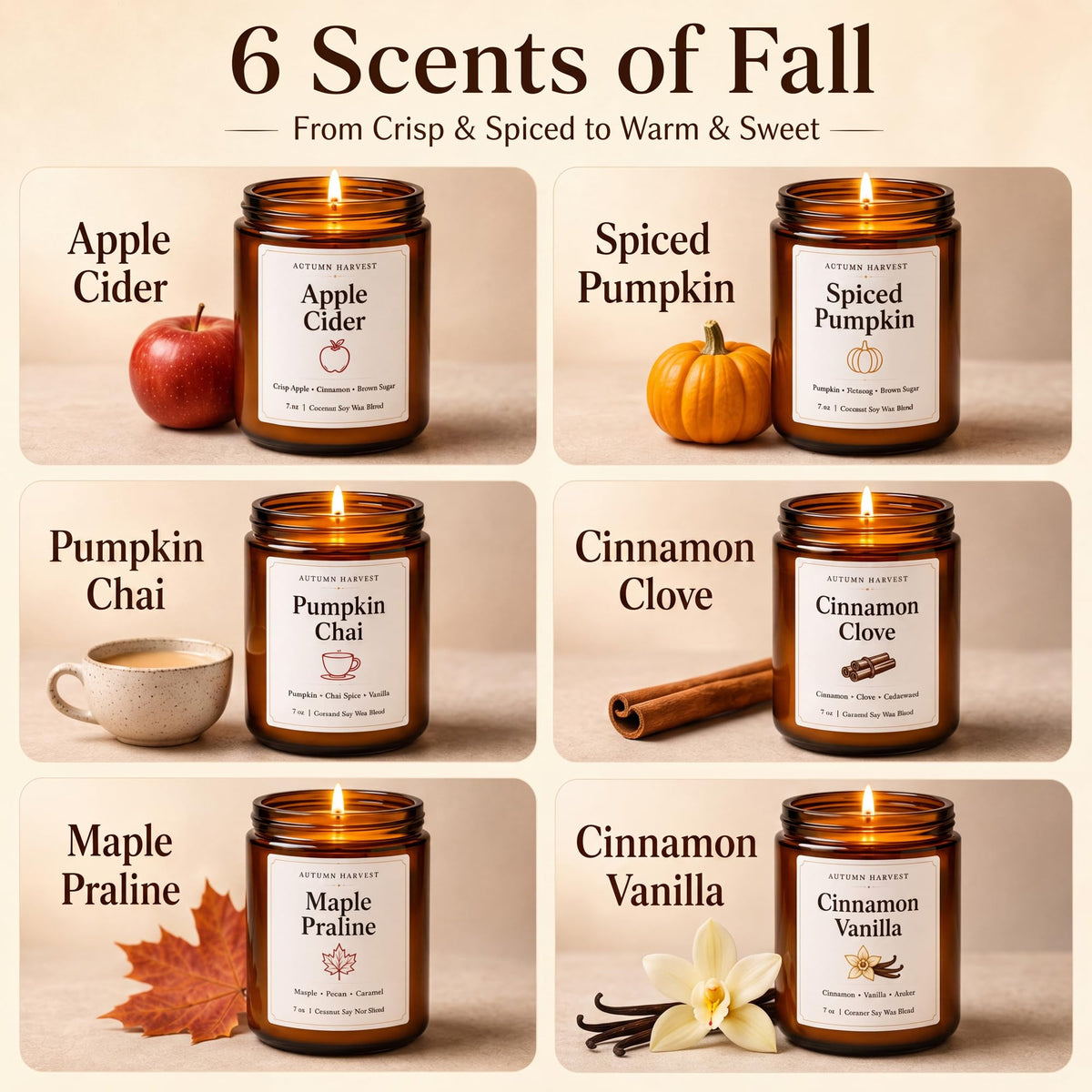 Fall Scented Candle Set of 6 7 oz Soy Candles for Home - YINUO LIGHT Official Imagery - 3