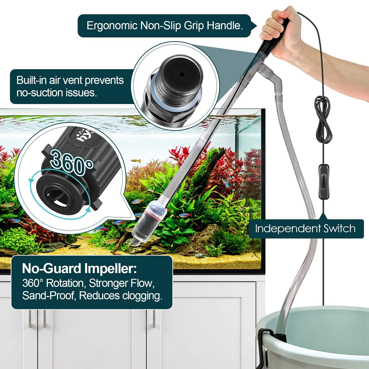 hygger Electric Aquarium Gravel Cleaner 528GPH Fish Tank - hygger Official Imagery - 7
