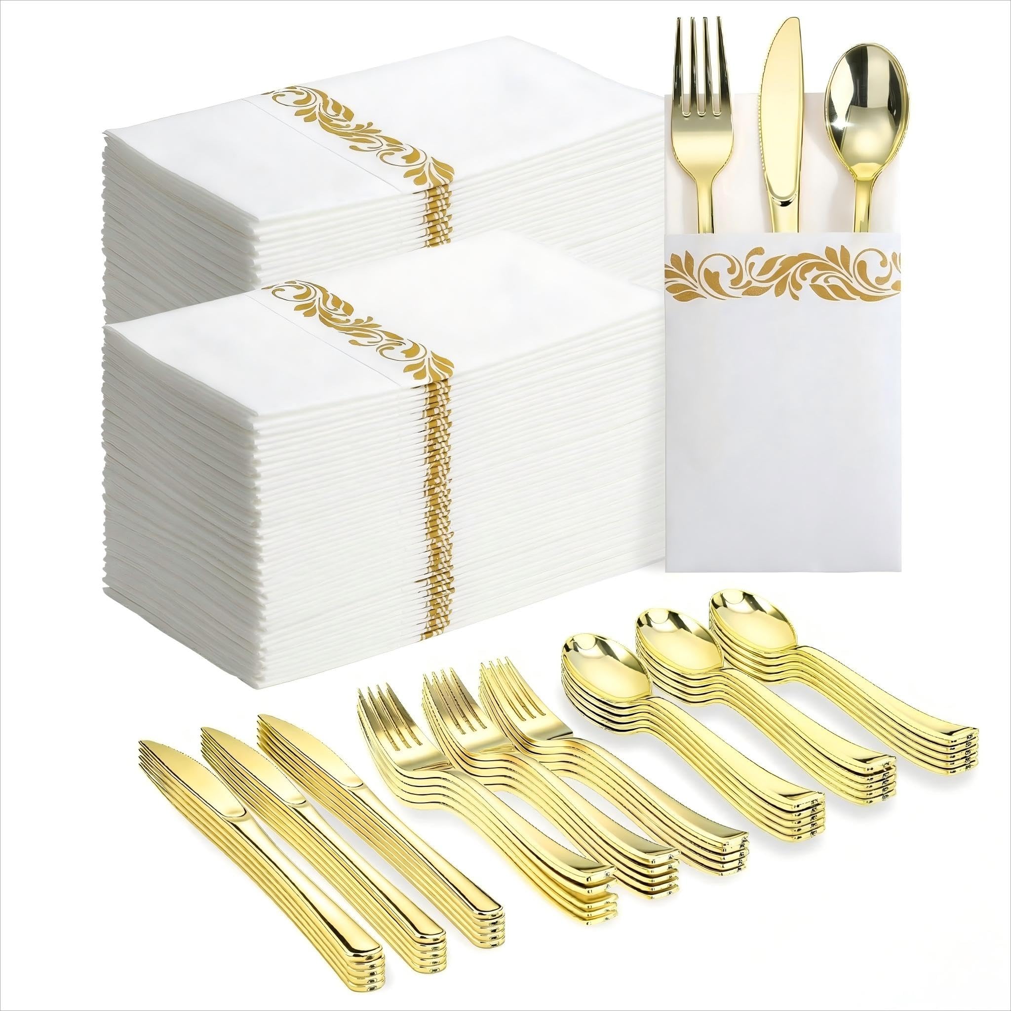 Goodluck 400 PCS Gold Plastic Silverware with Pocket Napkins for - Goodluck Official Product View 1
