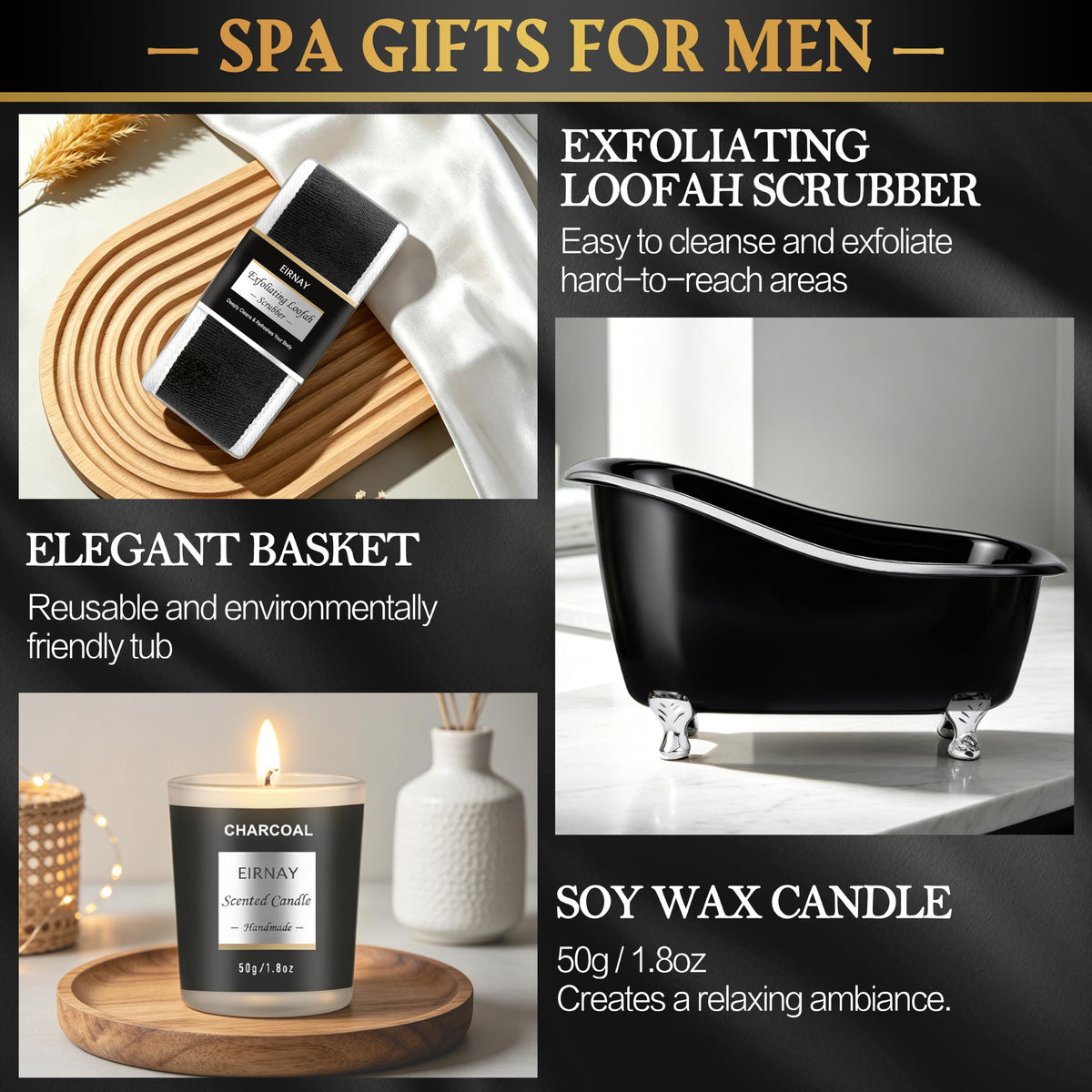 Spa Gifts for Men Charcoal Bath and Beard Grooming Kit - EIRNAY Official Imagery - 7