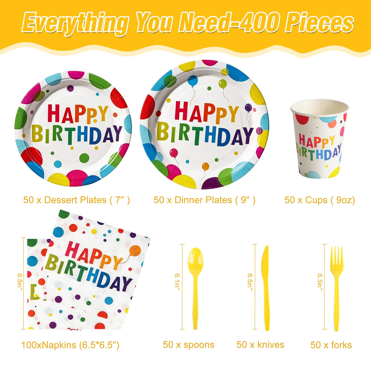 400 Pcs Disposable Birthday Party Tableware Set for 50 - COSINIA Official Imagery - 4