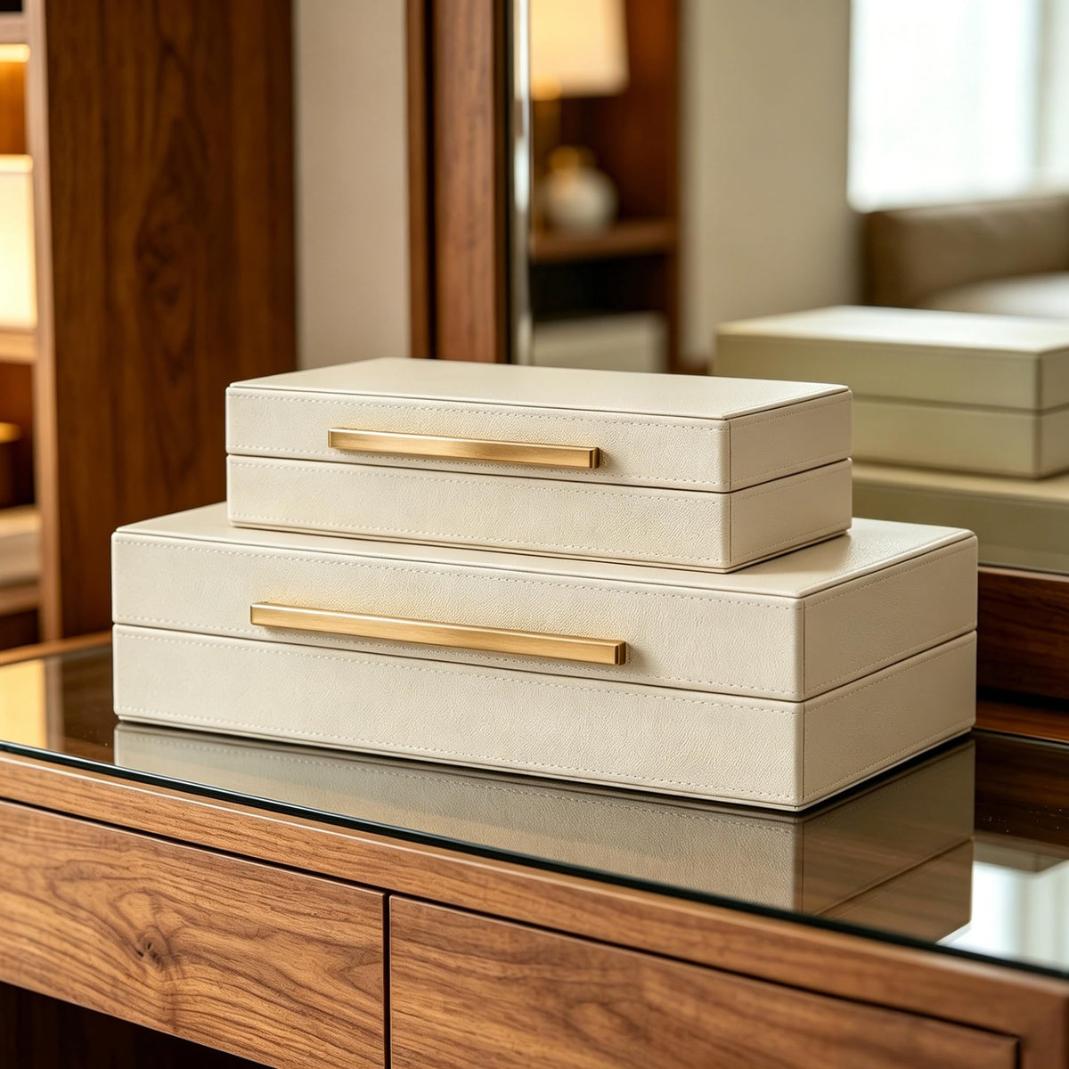 Set of 2 Shagreen Decorative Box Modern Faux Leather Beige - OIHYA Official Imagery - 3