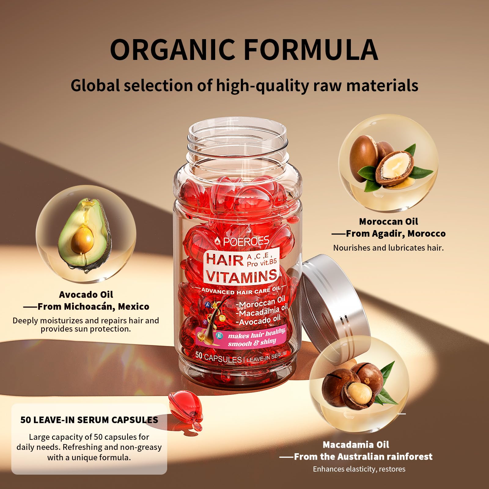 POEROES Hair Oil Hair Vitamins A C E Pro B5 Hair Treatment Serum 50 Capsules - POEROES Official Product View 3