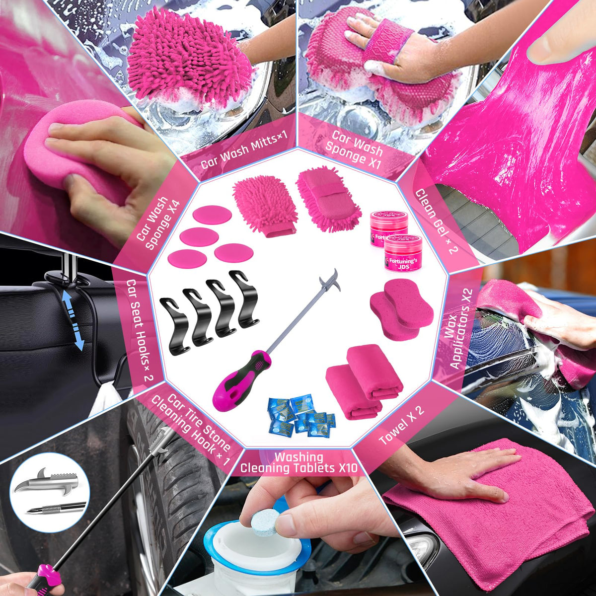 55PCS Pink Car Detailing Kit Interior Cleaner with High - Fortuning's JDS Official Imagery - 8