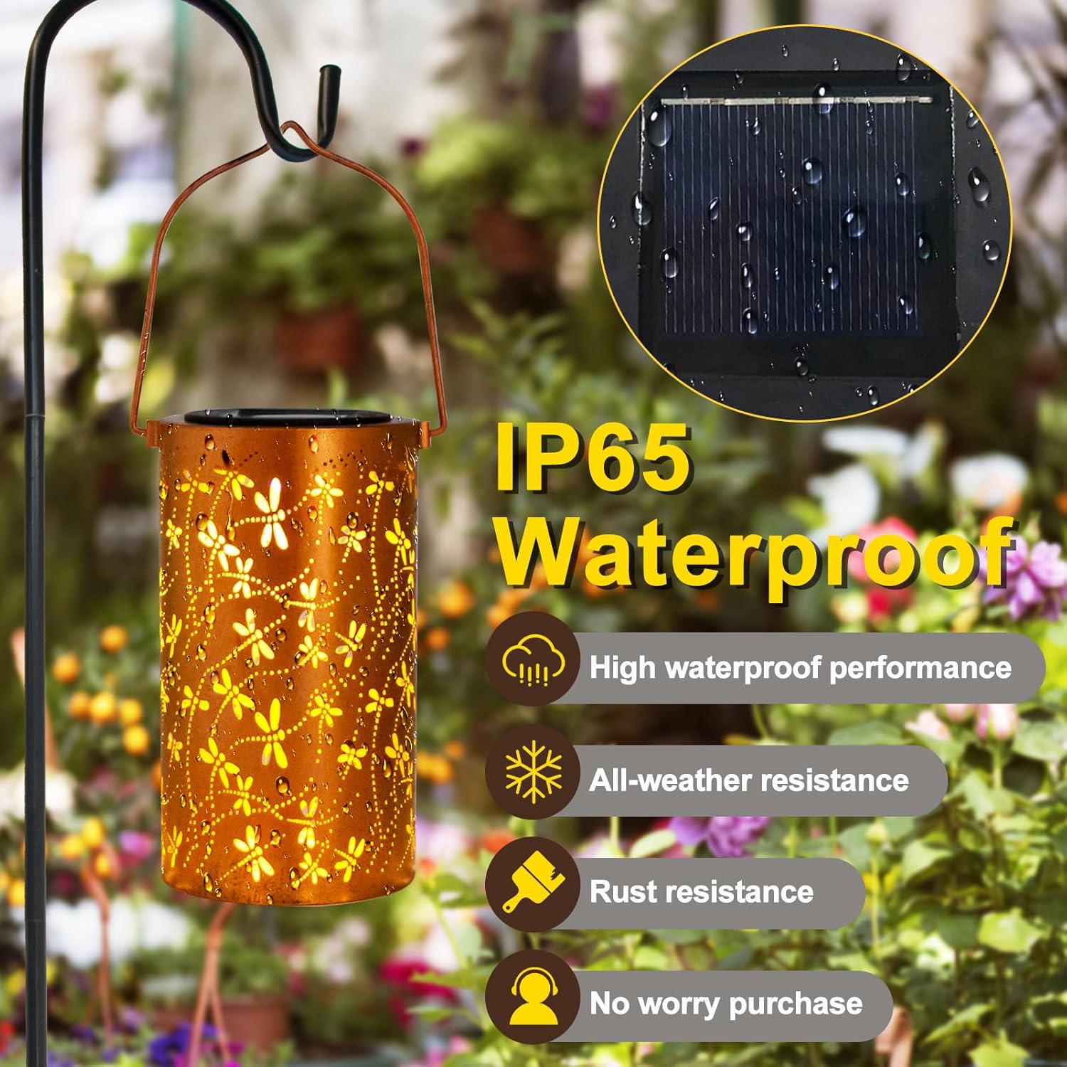 DIBIEECN Mother’s Day outdoor solar lanterns with floral designs, perfect as birthday gifts for mom or grandma, illuminated at dusk.