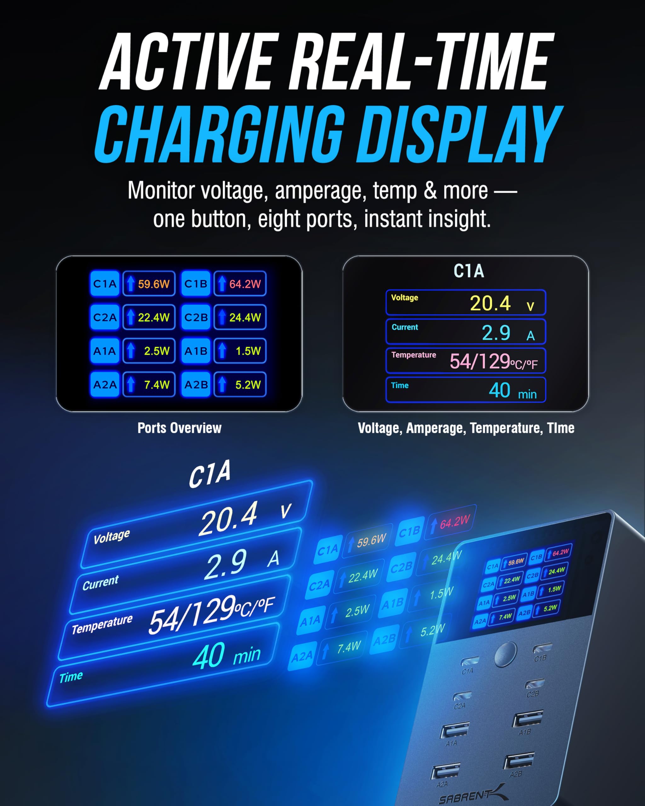 SABRENT VOLTIK Charging Station, 252W 8-Port USB C and USB A, LCD by SABRENT - Angle View 2