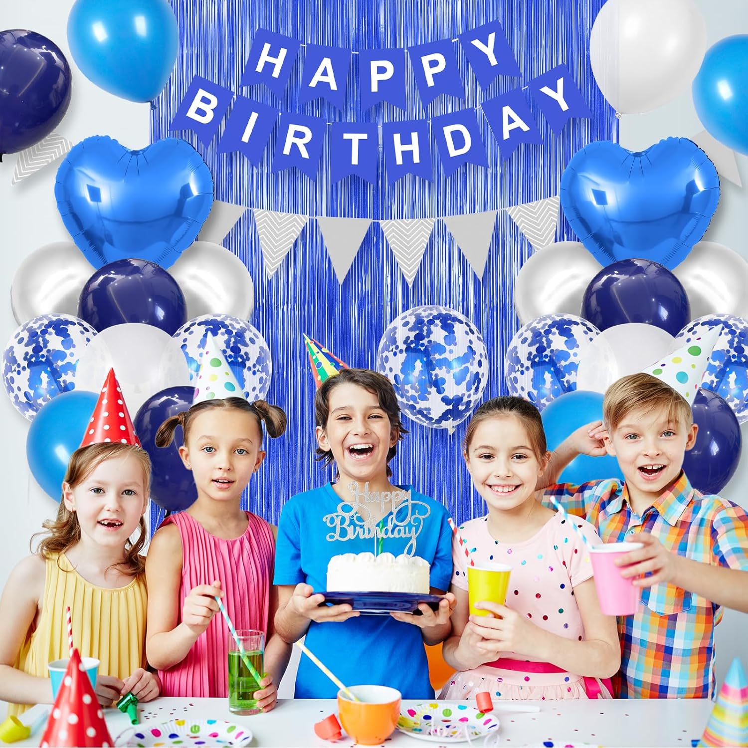 Blue and silver birthday decoration with navy blue and white balloons, including heart-shaped foil balloons for men's celebration.