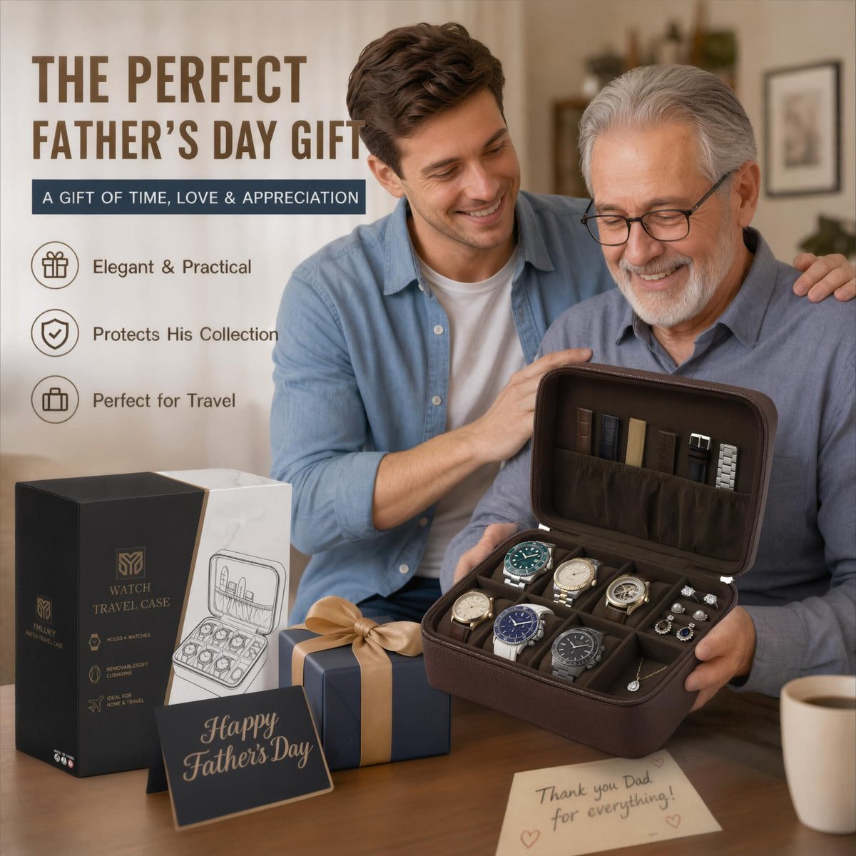 Watch Travel Case Holds 6 Watches Premium Dark Brown Leather - YMluky Official Imagery - 3