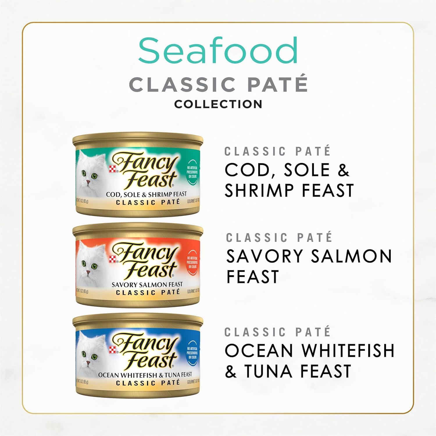 Fancy Feast seafood classic pate collection grain-free wet cat food variety pack with 36 cans of 3 oz. cat food on a white background.