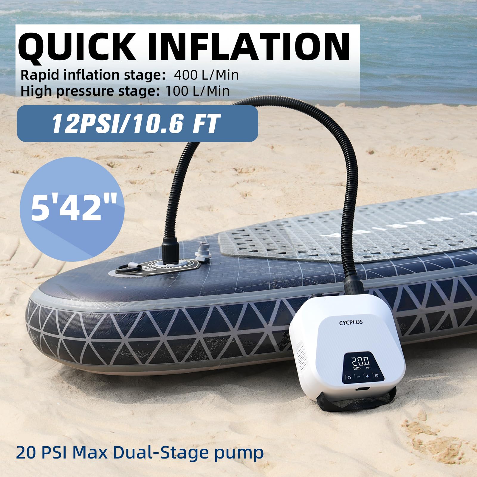 CYCPLUS Smart SUP Air Pump, 20PSI, 38.48Wh Battery, Inflation & Deflat - View 2