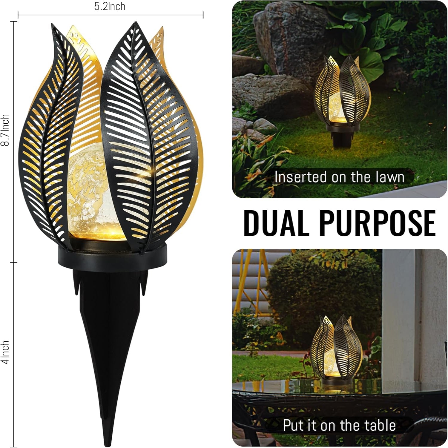 Waterproof solar garden lights with crackle globe glass and metal palm decoration, designed for outdoor landscape illumination.