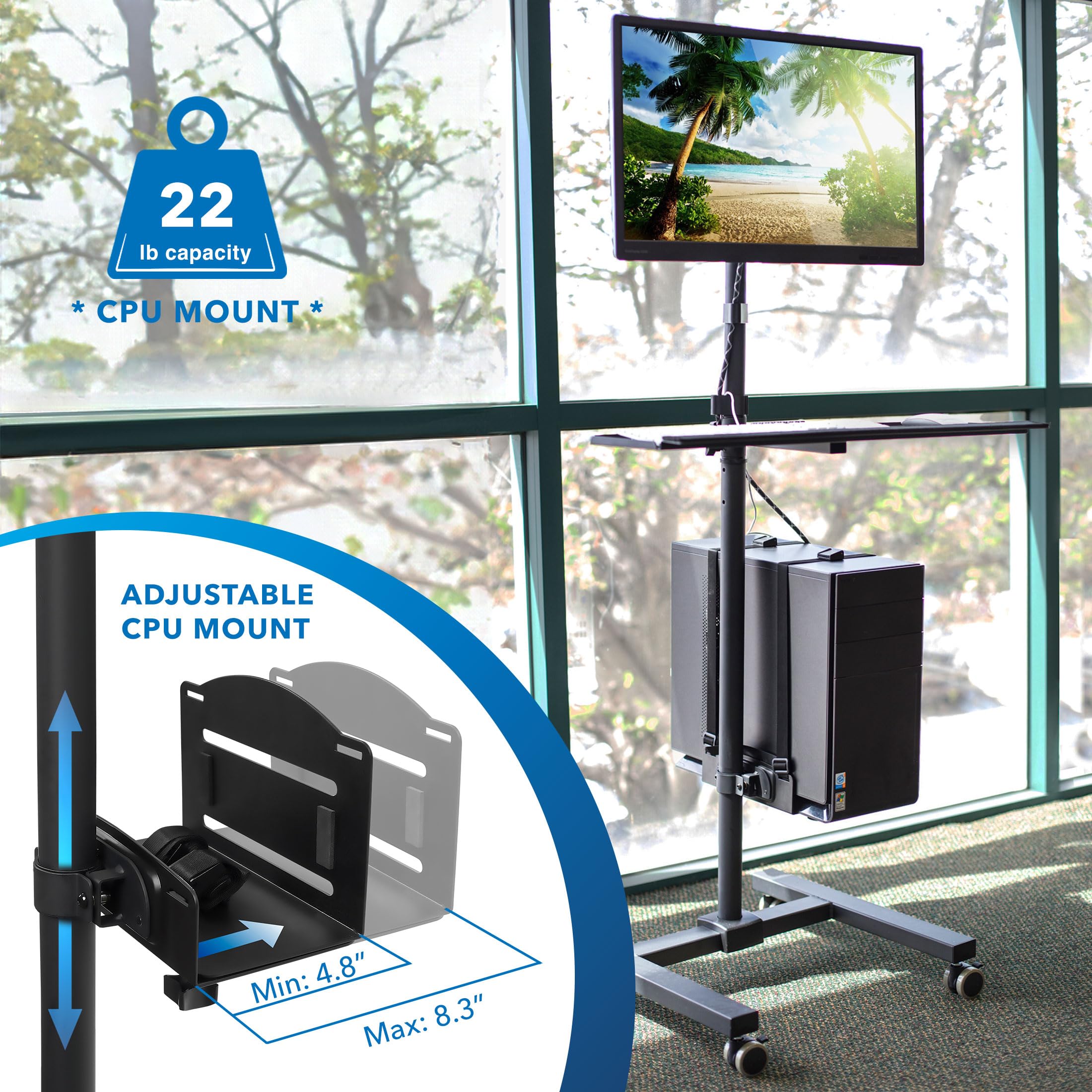 Mount-It! Rolling Computer Cart on Wheels, Mobile Desk Workstation with Monitor Mount for up to 32" Screen, Full Keyboard Tray, Floating Adjustable CPU Holder, Standing up to 70" Tall