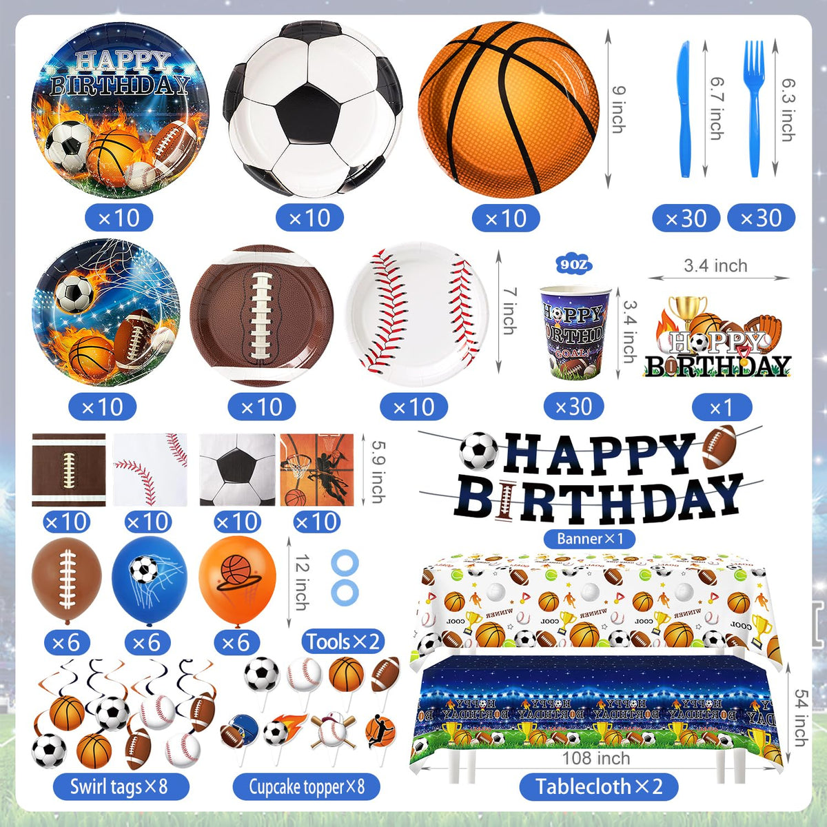 244 Pcs Sports Birthday Party Decorations - Kinovo Official Imagery - 5