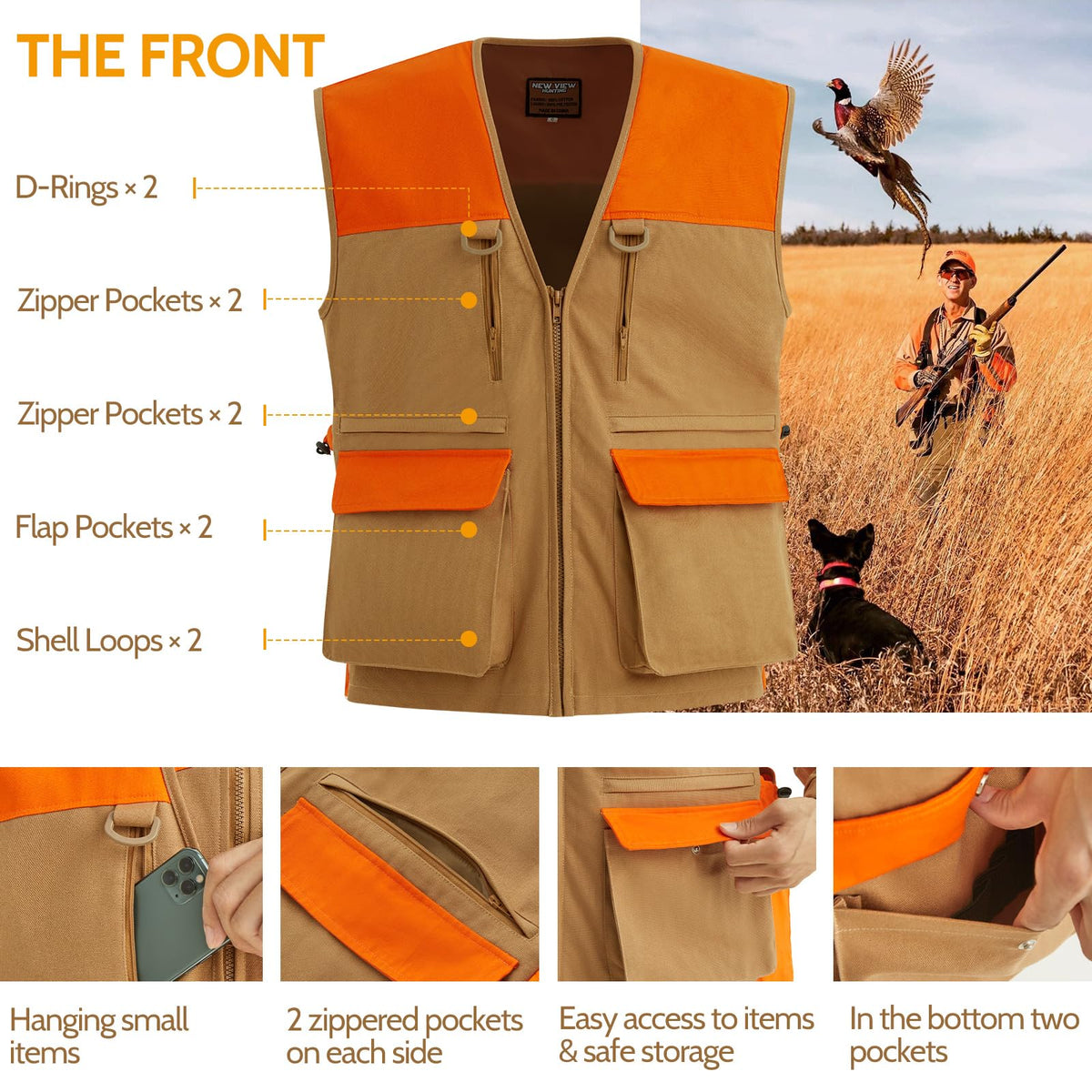 NEW VIEW Upland Hunting Vest for Men Blaze Orange Pheasant - NEW VIEW Official Imagery - 5