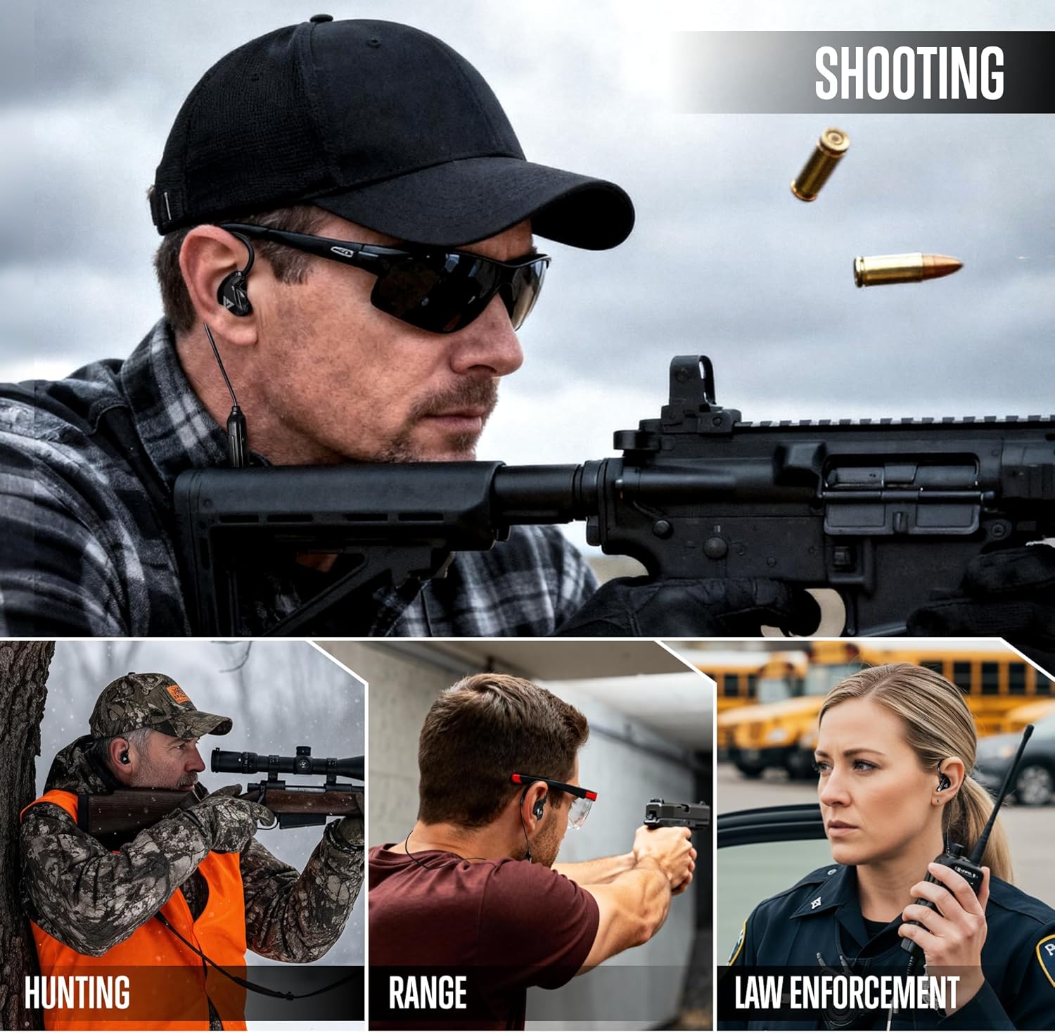 GLORYFIRE Bluetooth shooting ear protection earplugs in matte black with built-in Bluetooth headphones, designed for hearing safety.