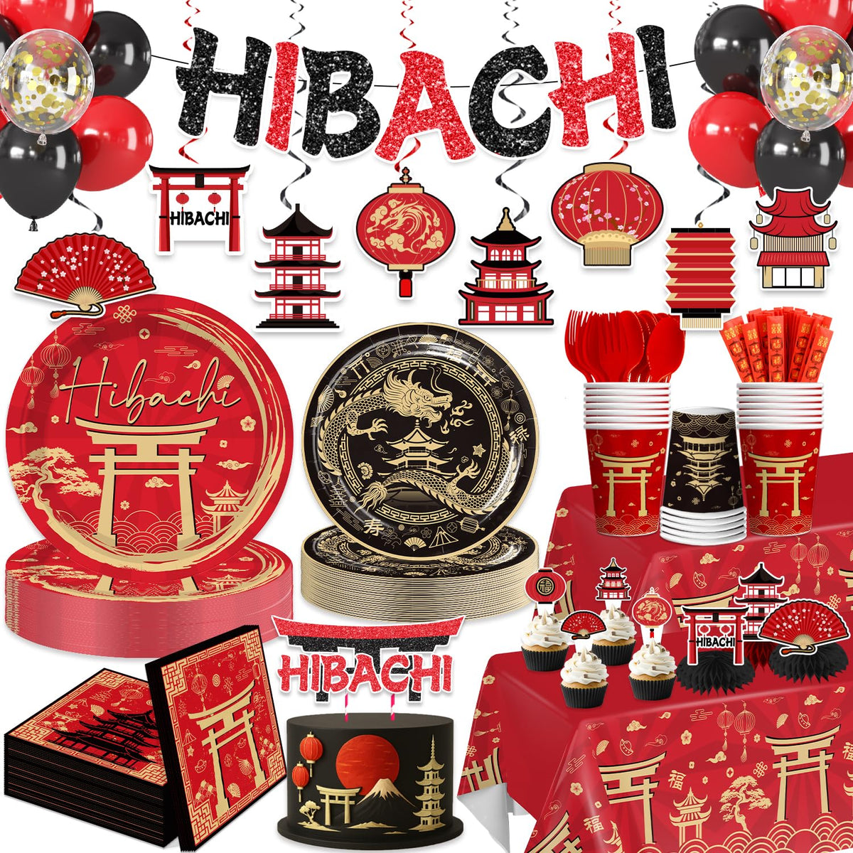 Red Gold Hibachi Party Decorations Tableware Set for 25 - wellspar Official Imagery - 1