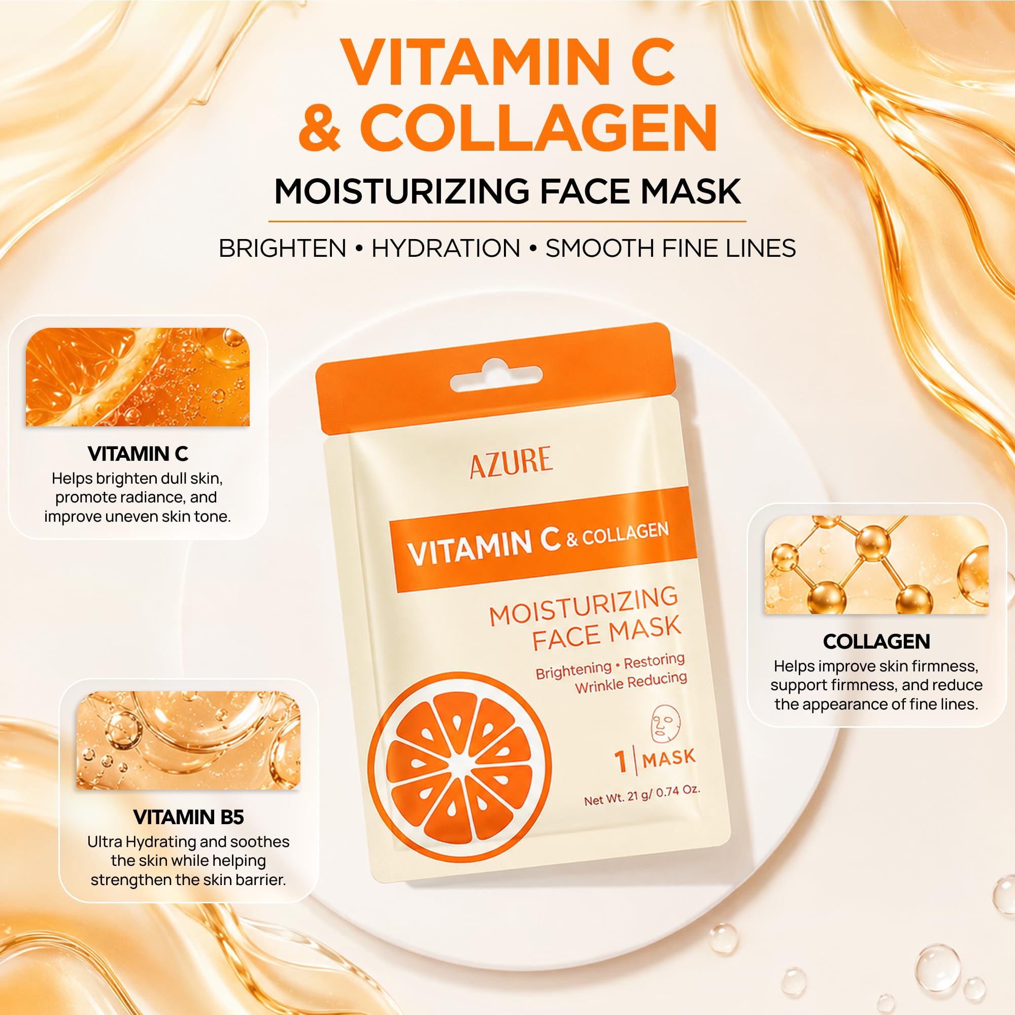 Vitamin C &amp; Collagen Korean Sheet Masks, Dermatologist Tested - Azure Cosmetics