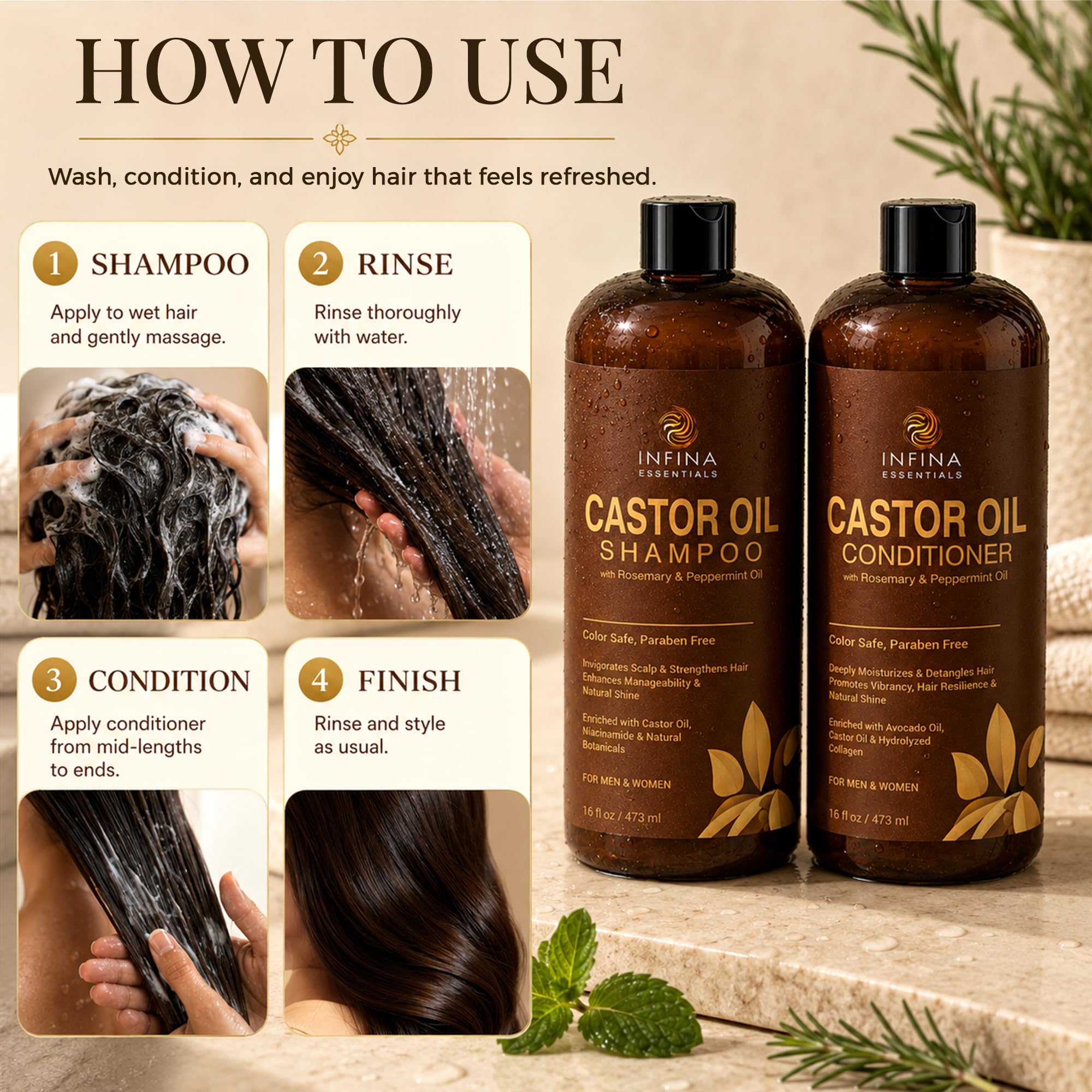 INFINA ESSENTIALS Castor Oil Shampoo and Conditioner Set for Hair Growth, 16 fl oz - INFINA ESSENTIALS Official Product View 9