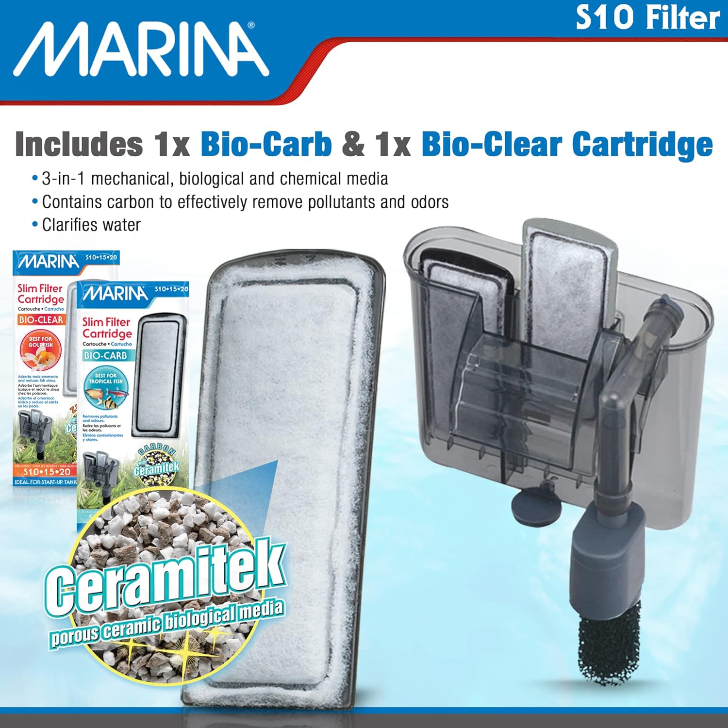 Marina S10 Power Filter for aquariums up to 10 gallons, compact filter with adjustable flow for freshwater tanks.