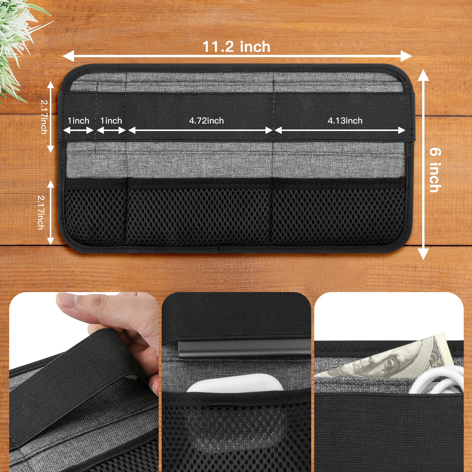Gray Homakover portable tech organizer caddy attached to laptop, holding cables, mouse, power bank, charger, and USB adapters.