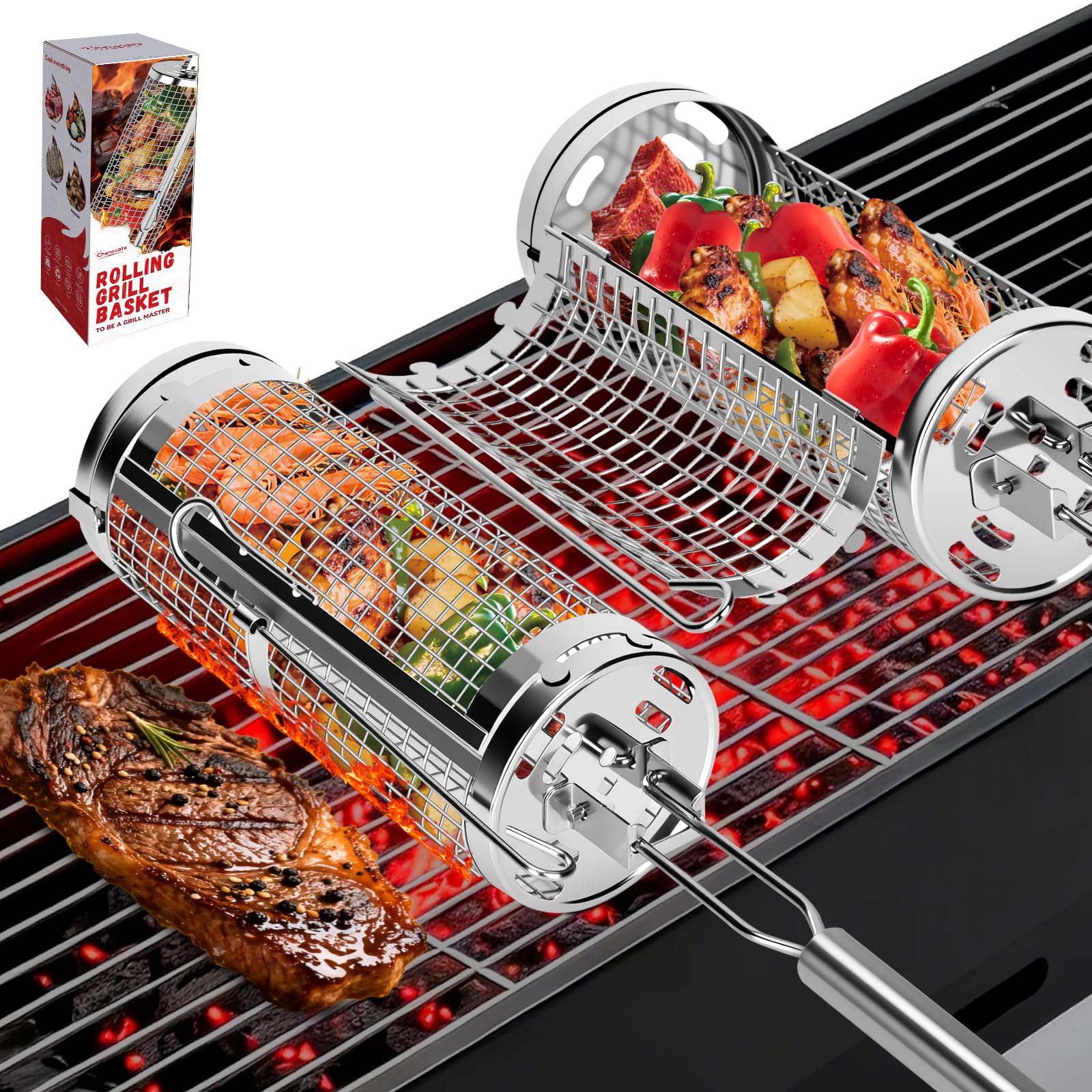 Rolling Grill Baskets,Grill Accessories for Veggies,Gifts for - Product Imagery