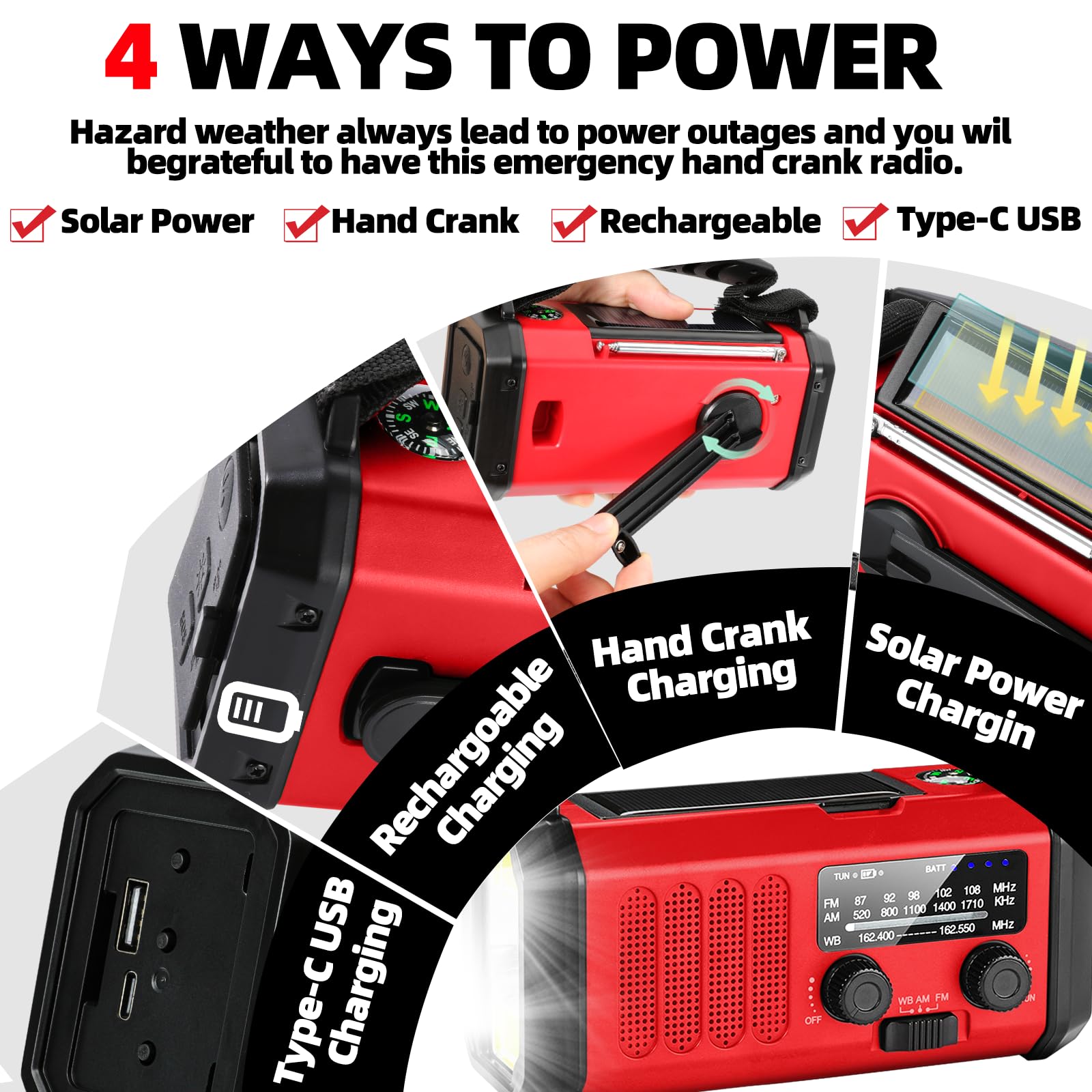 QAUYYW Hand Crank Emergency Radio, 10000mAh NOAA Weather Radio So by QAUYYW - Angle View 5