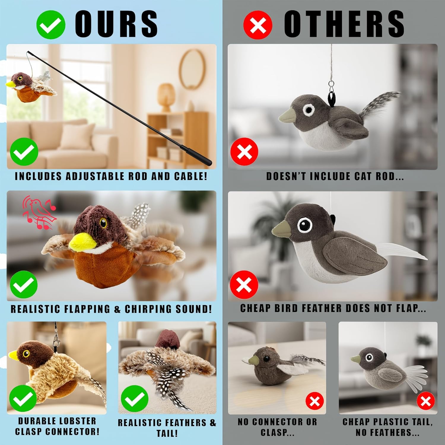 Lila Layers Cat Toys Flapping Bird with realistic bird chirp, no flying, rechargeable, designed for feline play and entertainment.