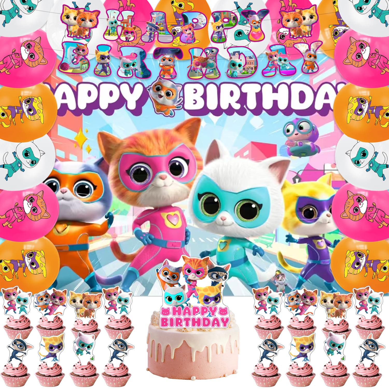42Pcks Super Kitties Party Supplies Pack Includes，Banner，Cake - Product Imagery