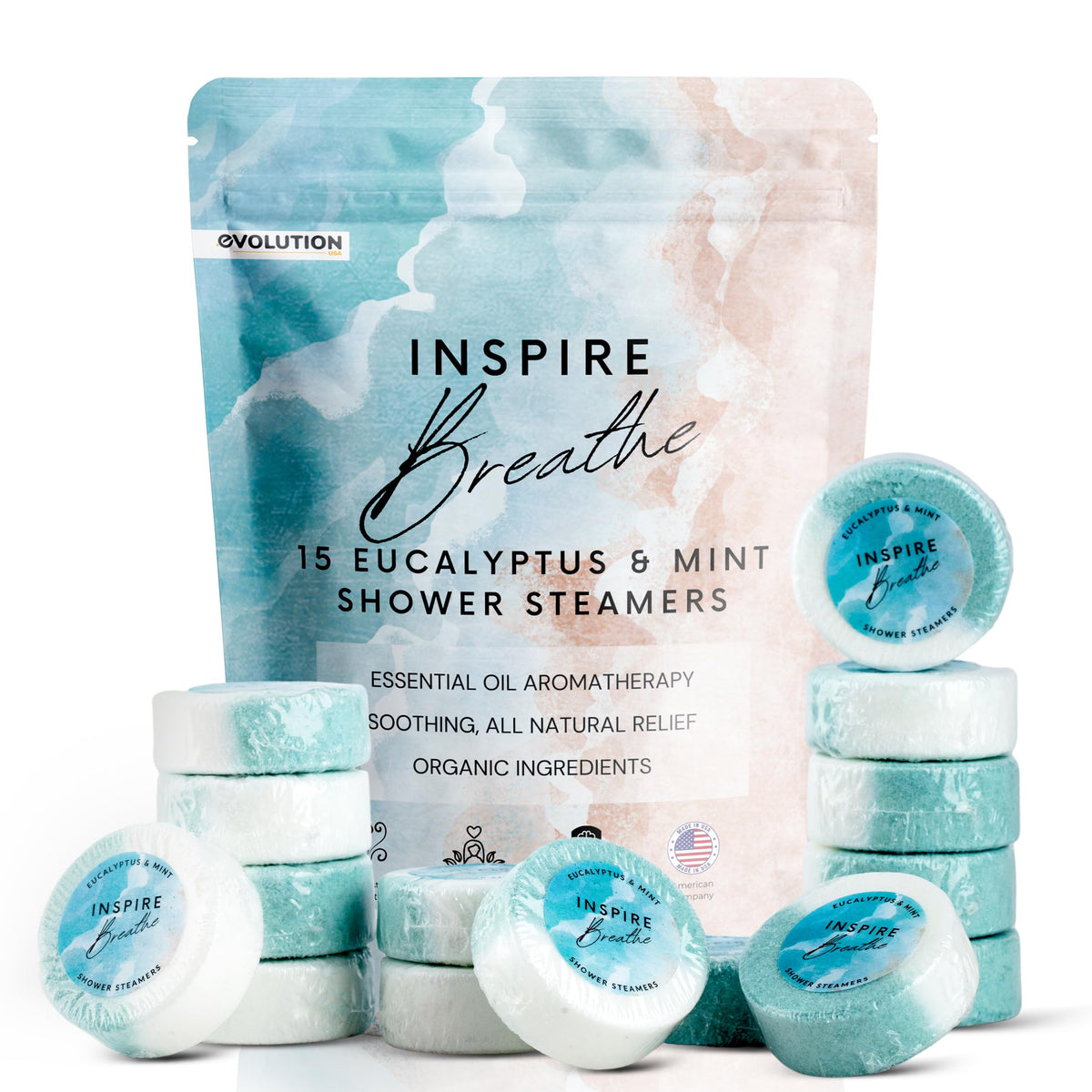 Inspire Breathe Shower Steamers 15 Mint Eucalyptus Shower - EvolutionUSA Official Imagery - 1
