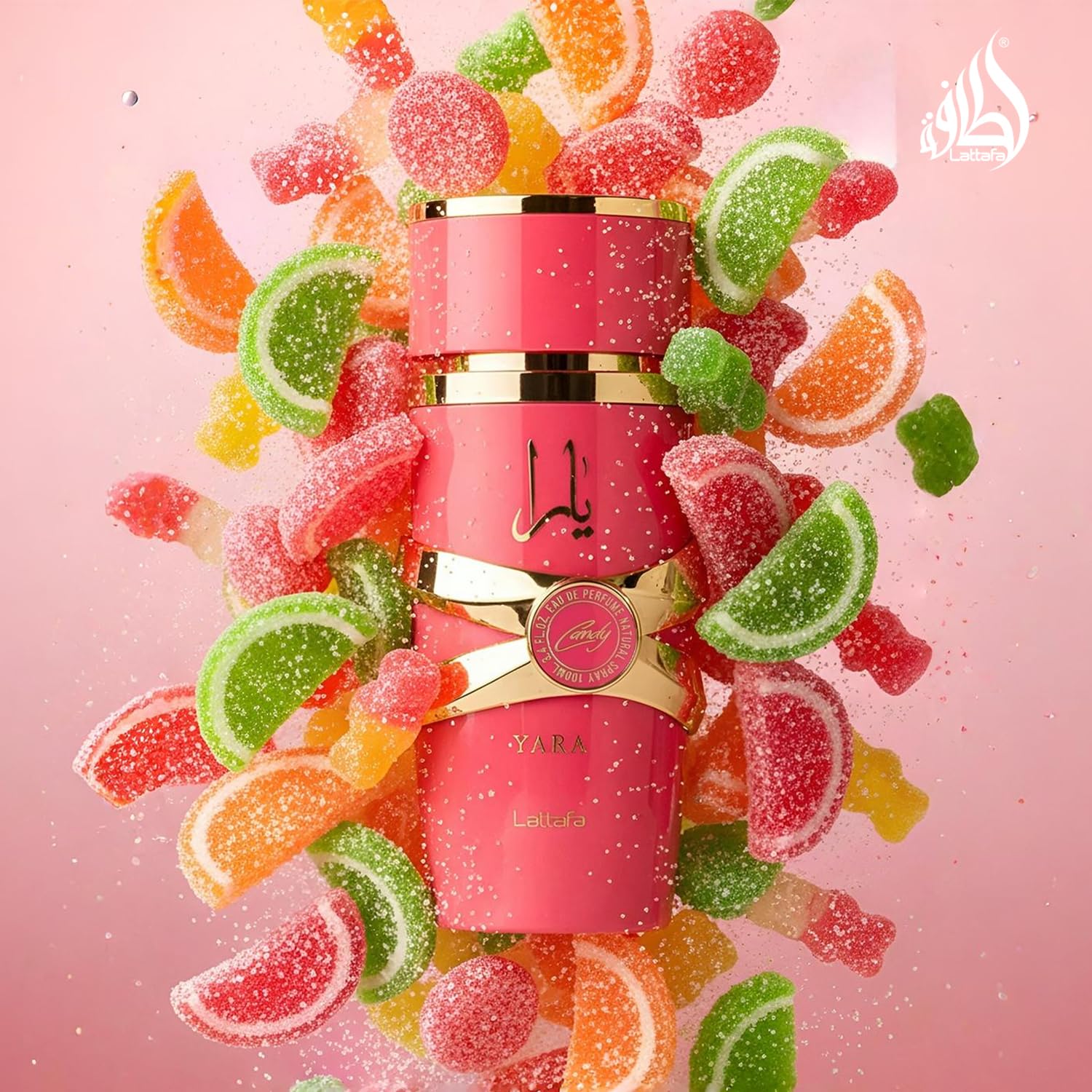 Lattafa Yara Candy Eau de Parfum for Women, 2.4 fl oz bottle with elegant packaging and floral fragrance details