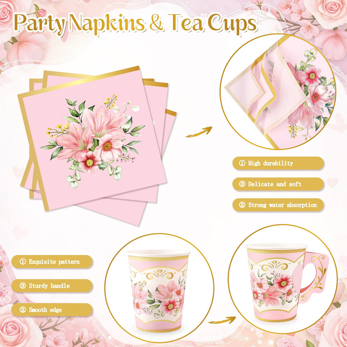 168PCS Flower Tea Party Supplies Pink Vintage Floral Party - Fighting to Achieve Official Imagery - 5
