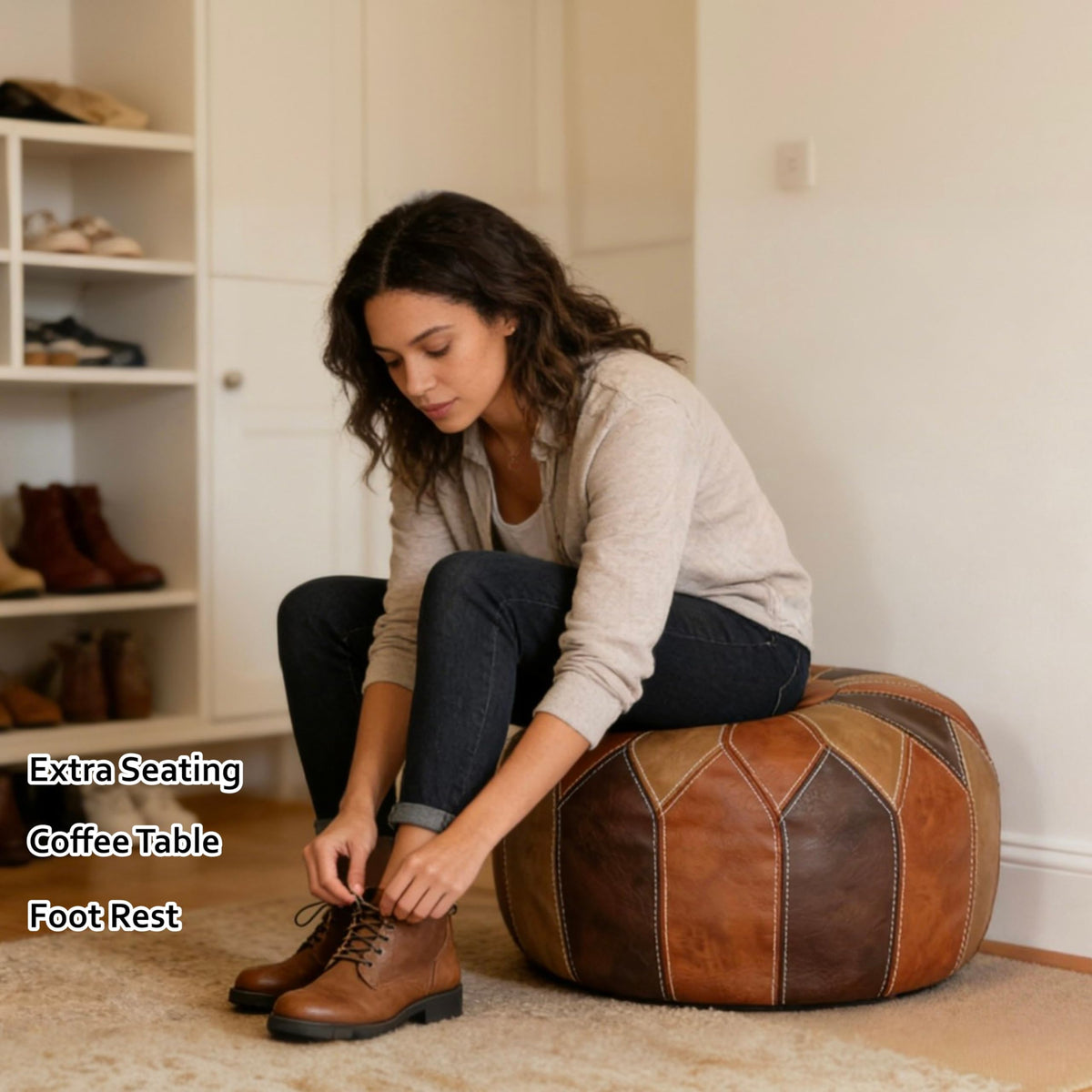 Thgonwid Round Unstuffed Pouf Cover Faux Leather Storage - Thgonwid Official Imagery - 8
