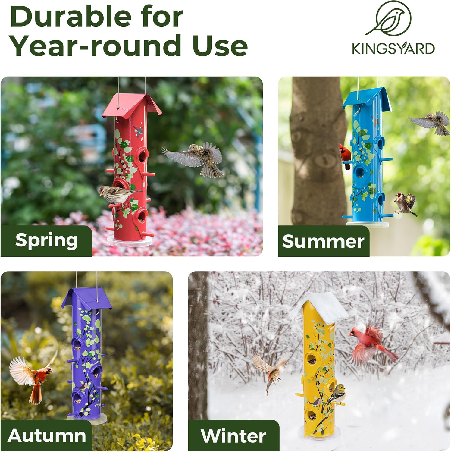 Kingsyard metal hanging bird feeder with six ports, outdoor tube design for attracting various garden birds.