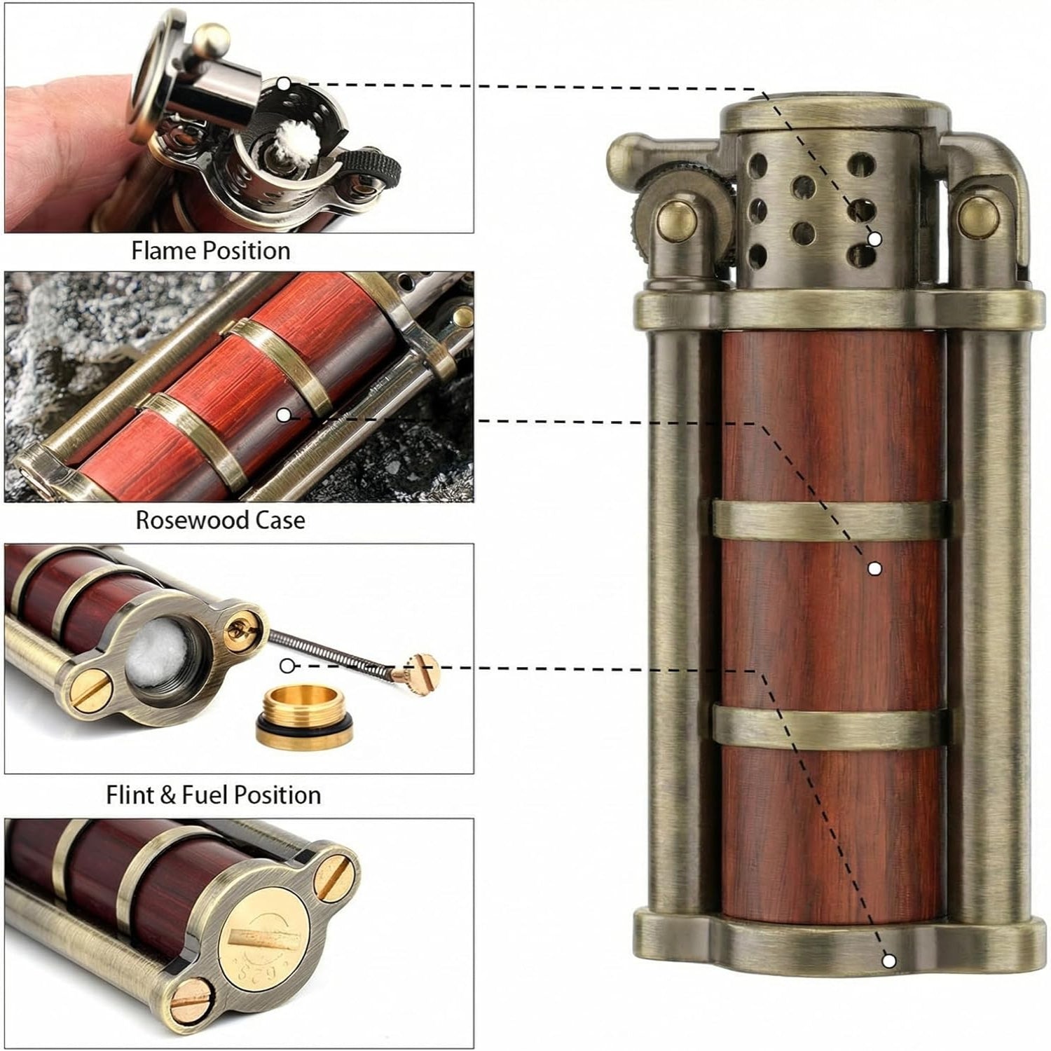 RUIXI Rosewood antique-style petrol kerosene soft flame windproof lighter with bronze finish and cylinder design.