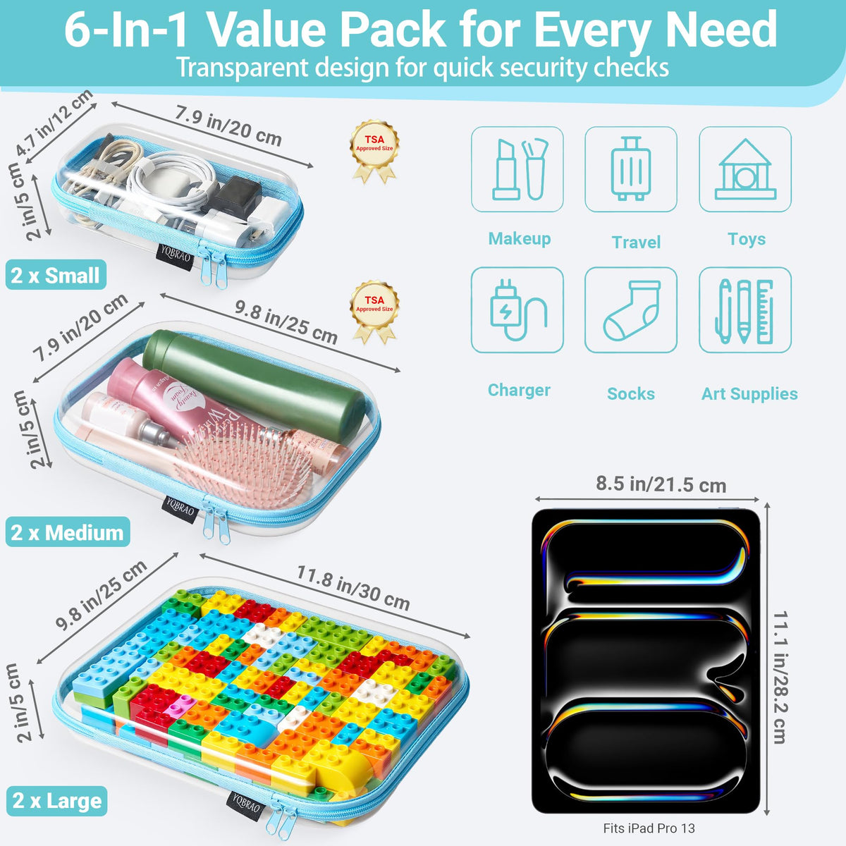 Clear Hard Shell Zipper Cases 6 Multi Size Organizers Blue - YQBRAO Official Imagery - 5
