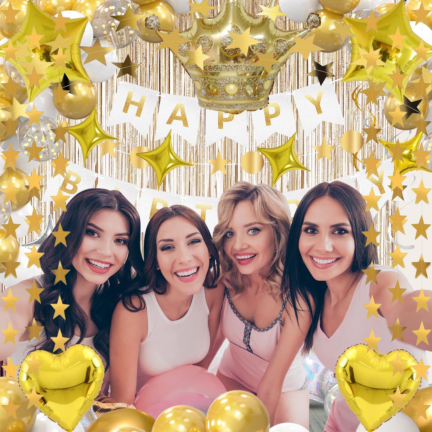 Gold birthday decorations set including a "Happy Birthday" banner, star garland, and crown foil balloon, perfect for celebration.