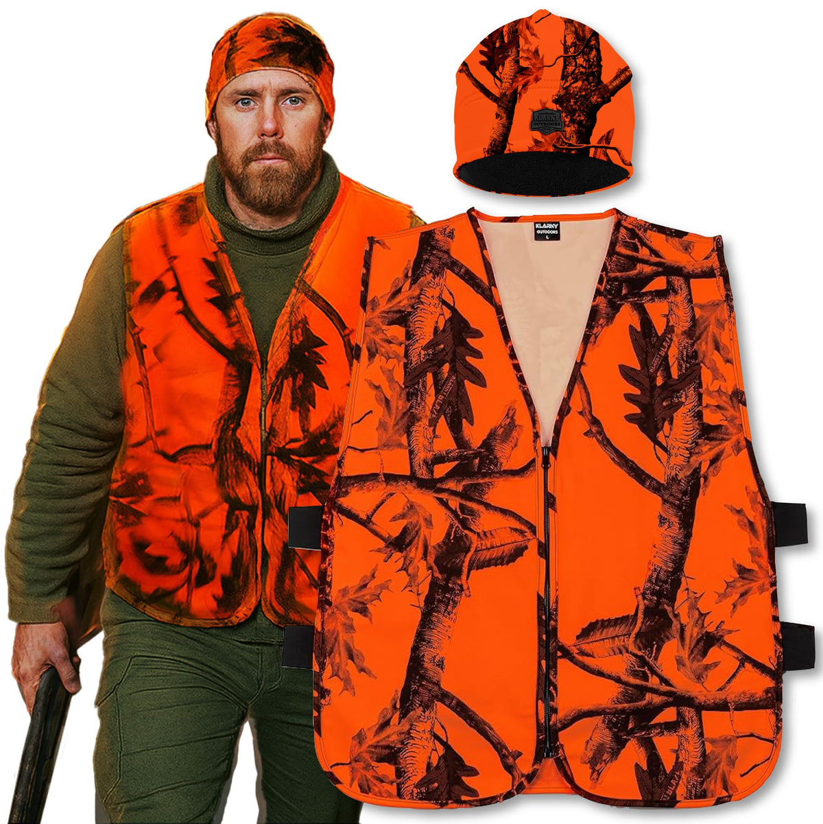 Camo Orange Hunting Vest Beanie Combo Hi Vis Waterproof - Klarny Outdoors Official Imagery - 1