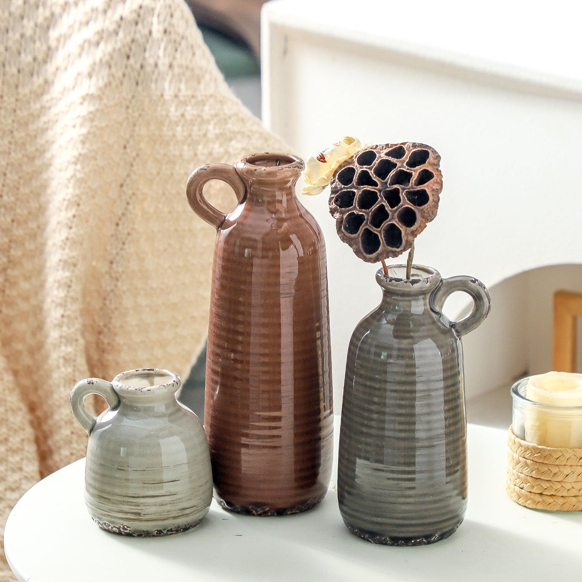 Ceramic Vases Set of 3 Neutral Rustic Farmhouse Vase with - ooit Official Imagery - 7