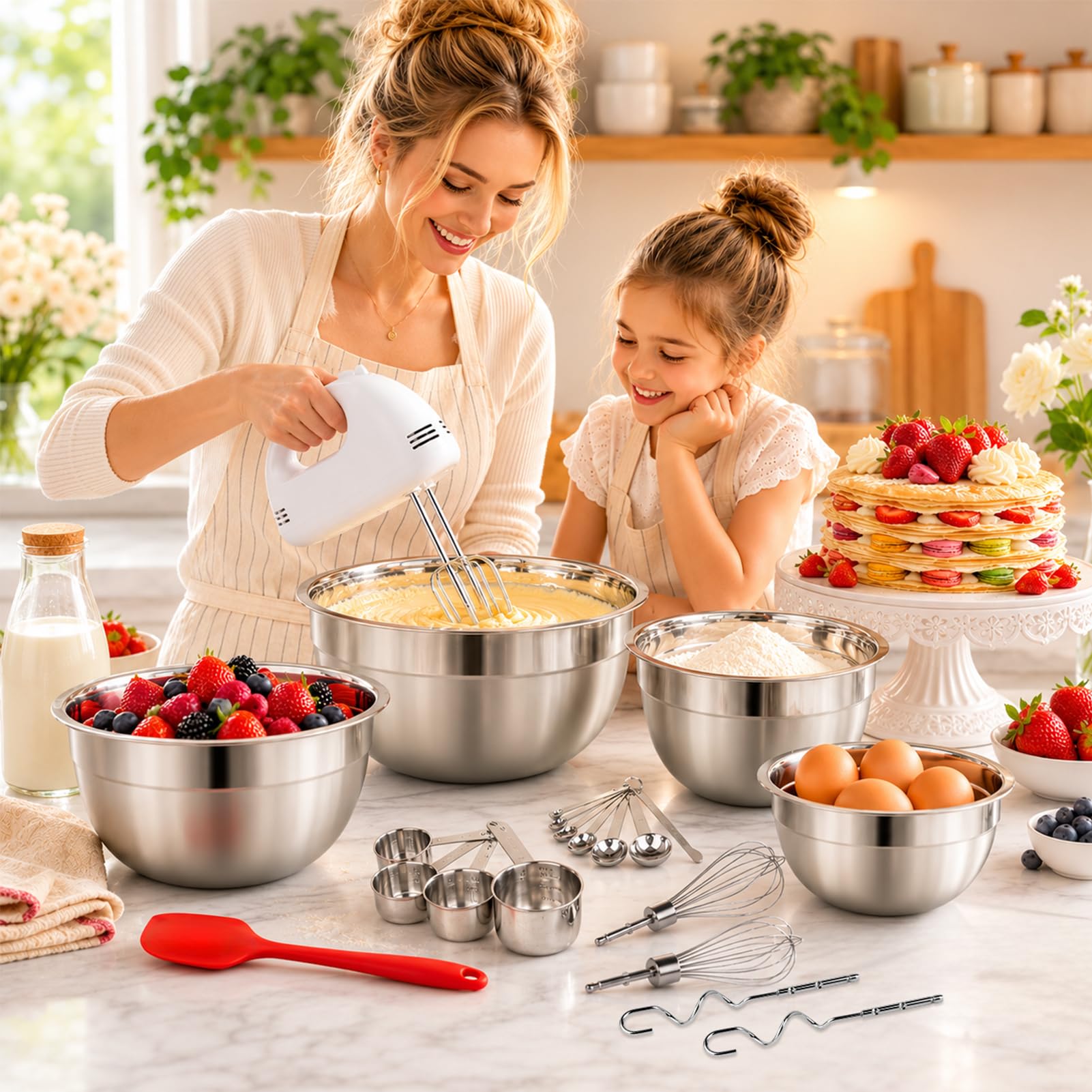 WEPSEN 5-Speed Electric Hand Mixer, 4 Large Mixing Bowls Set, Han by WEPSEN - Angle View 2