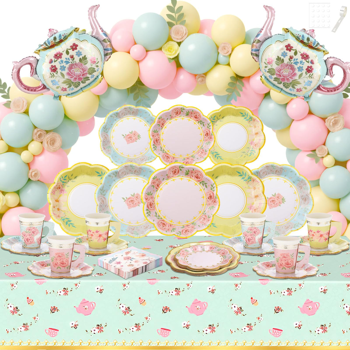 Foldtier 174 Pcs Tea Party Decor Supplies for 12 Guests - FoldTier Official Imagery - 1