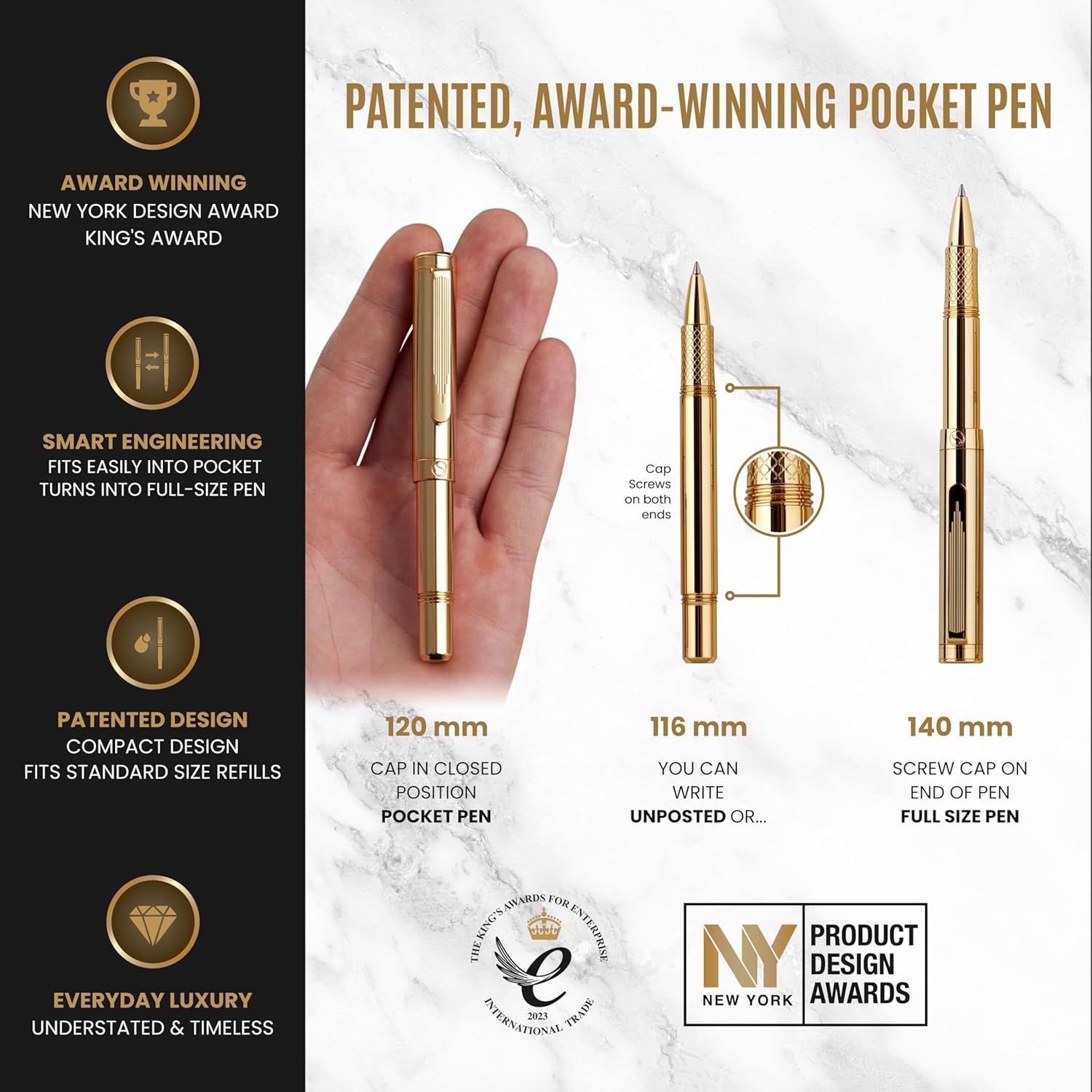 Scriveiner heavy gold rollerball pen with gold plating, compact luxury pocket pen, elegant writing instrument.