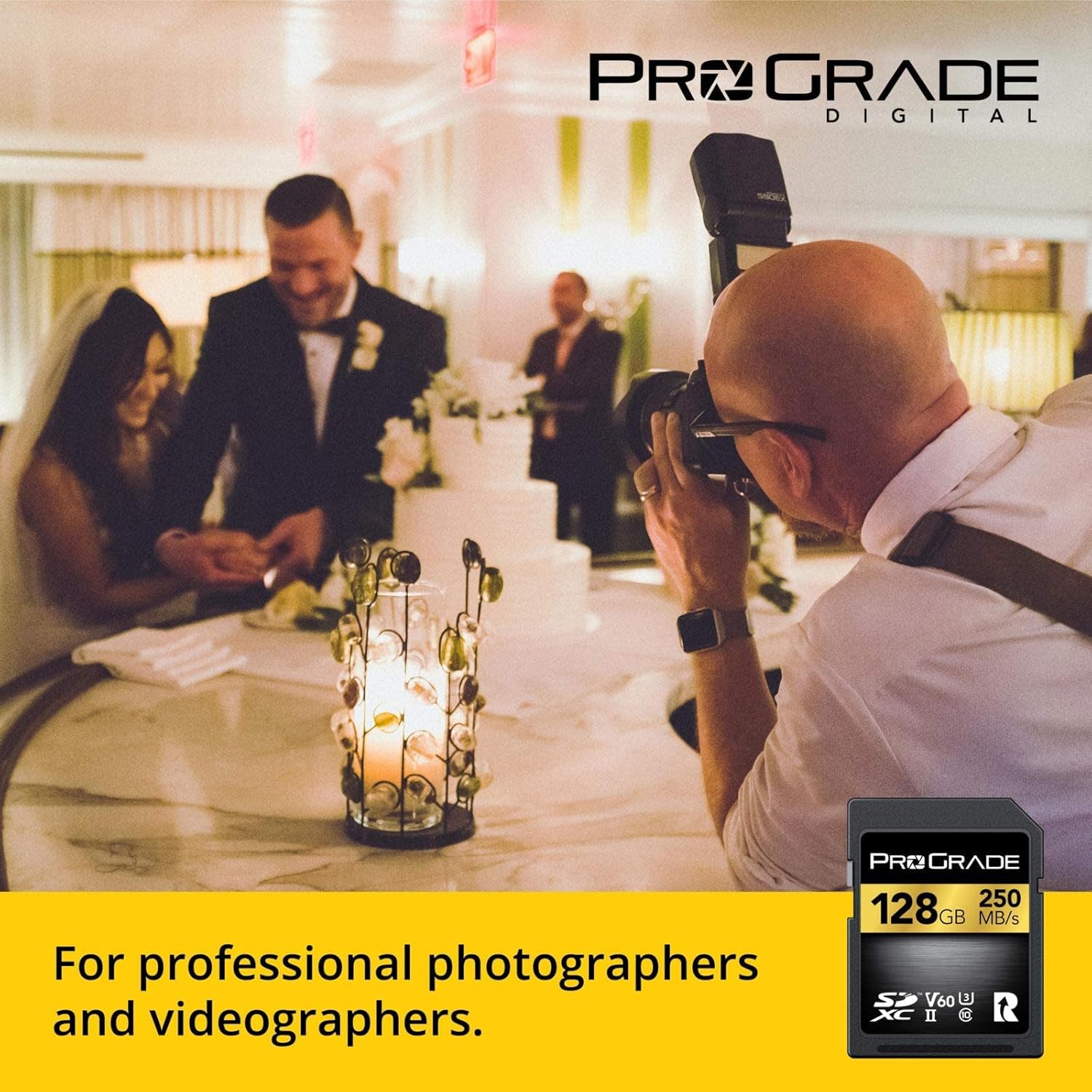 ProGrade Digital SD UHS-II 128GB V60 memory card with up to 130MB/s write and 250MB/s read speed, shown in the image.