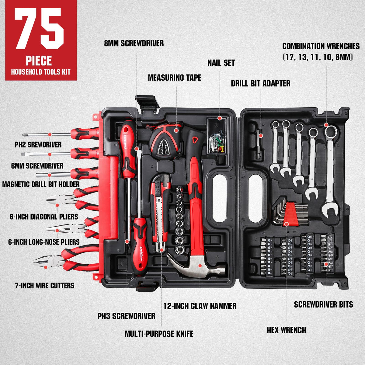 75 Piece Home Tool Kit General Household Hand Tool Set with - CRAFTZONE Official Imagery - 3