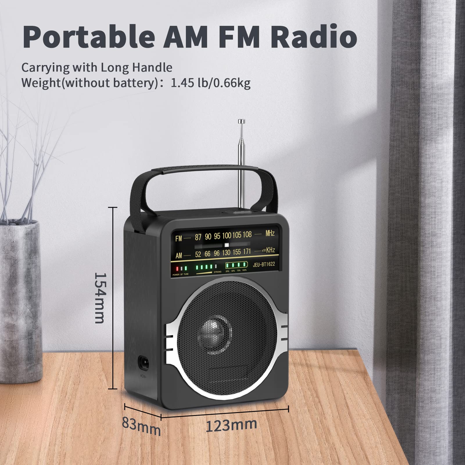 JEUJUG Portable AM FM Bluetooth Radio – 5W Loud Speaker