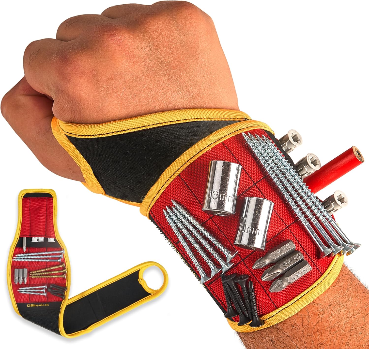 BINYATOOLS Magnetic Wristband red neoprene tool holder with wrist support for screws and small tools