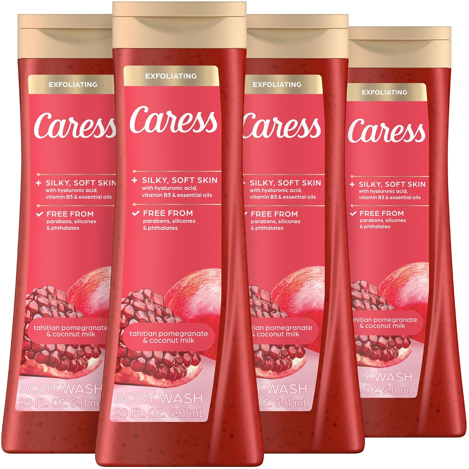 Caress Tahitian Pomegranate and Coconut Milk exfoliating body wash with natural scrub particles in a clear bottle