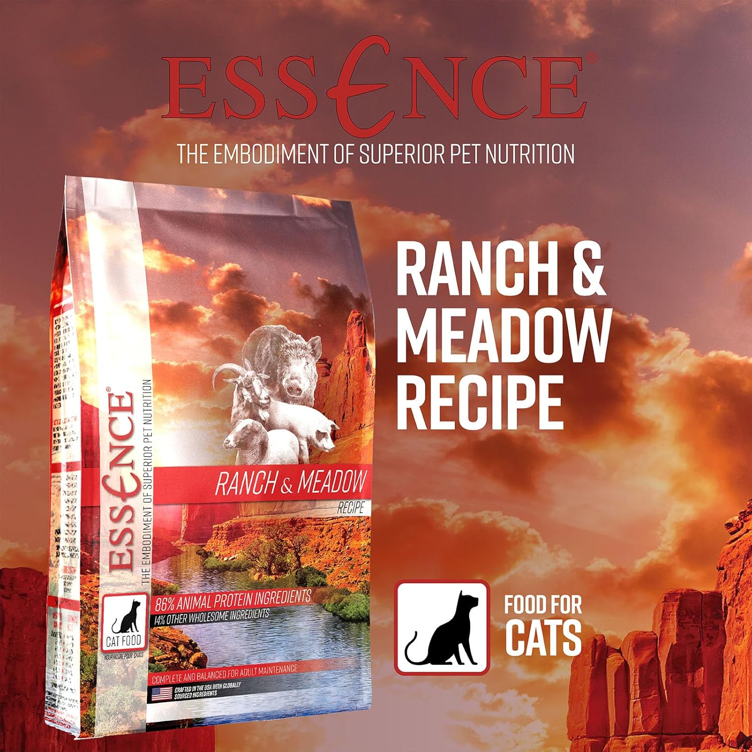 Essence Ranch & Meadow cat food bag with image of farm scenery, showing the product packaging for Essence's cat recipe.