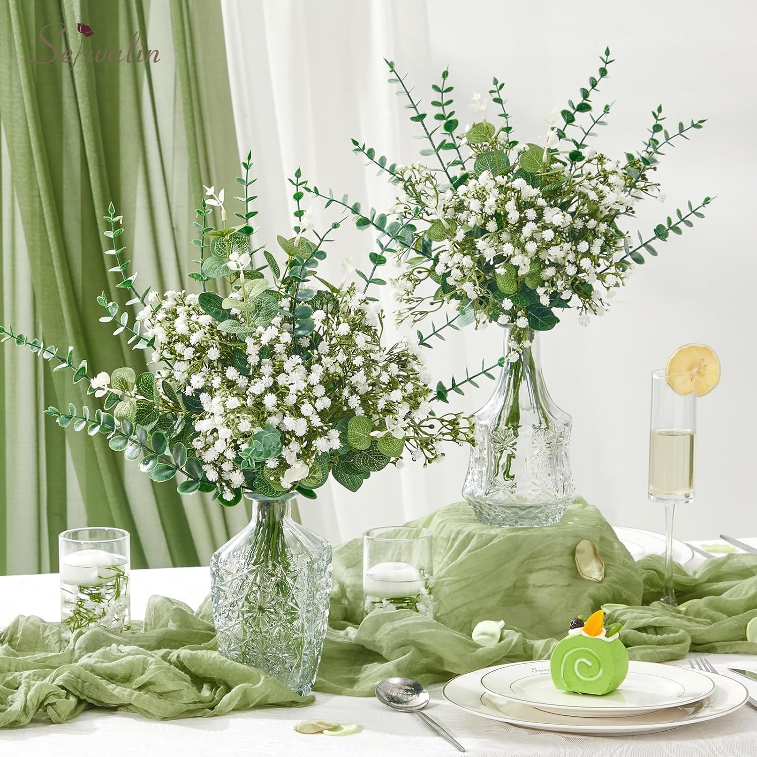 Serwalin 100 pcs mixed artificial eucalyptus stems and baby's breath flowers for floral arrangements and home decor.